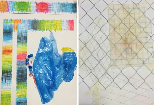 Crosshatching colors, trash from Electric Avenue, and chain link fence criss-crossing marks